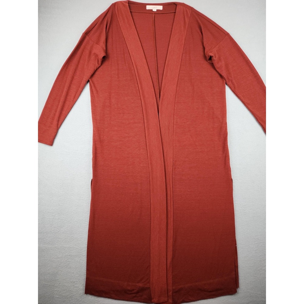 LOFT Cardigan Sweater Womens XS Orange Open Front Long Duster Lightweight Knit